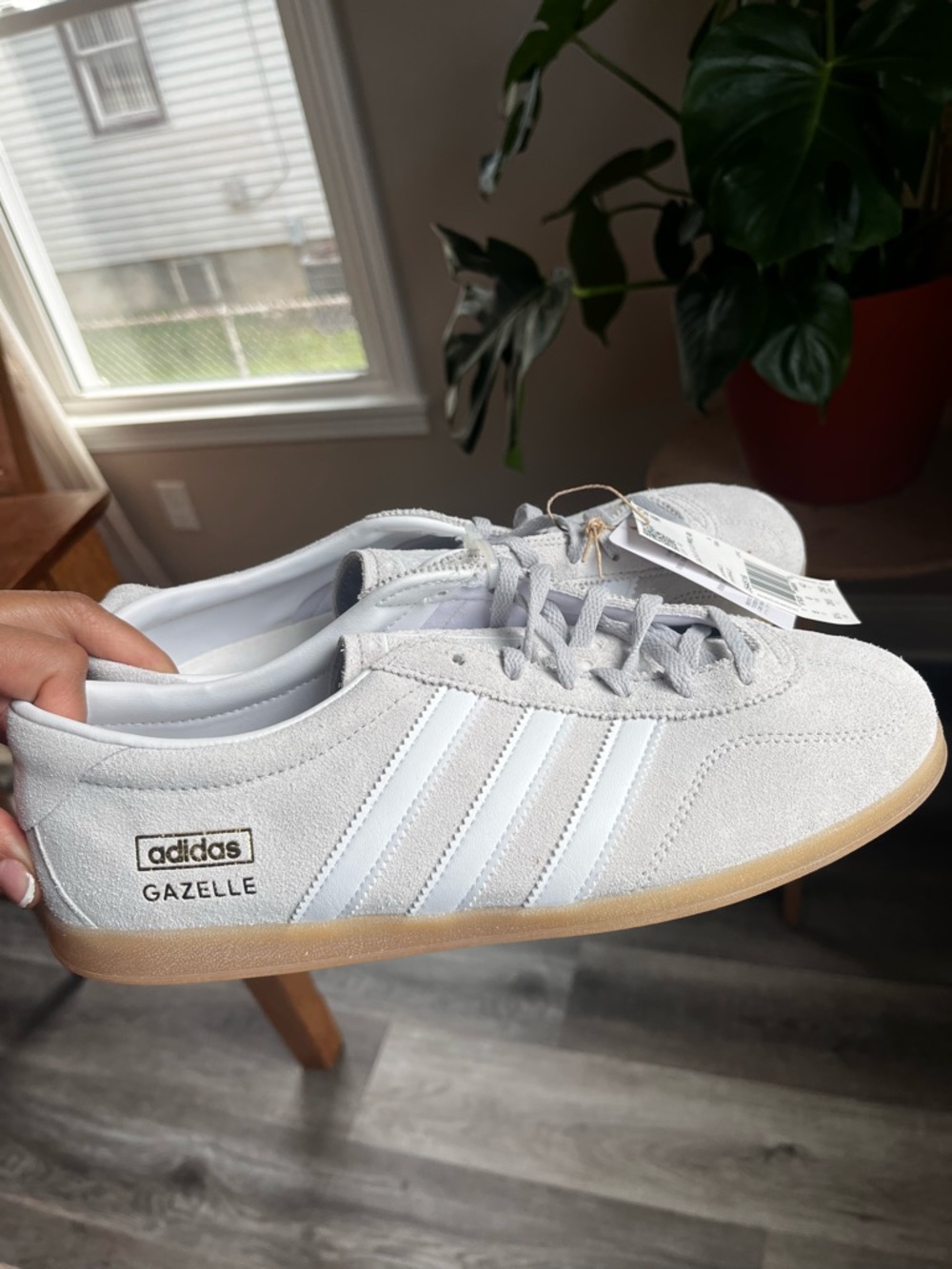 adidas Gazelle Light Gray Suede Sneakers with White Stripes and Gum Sole
